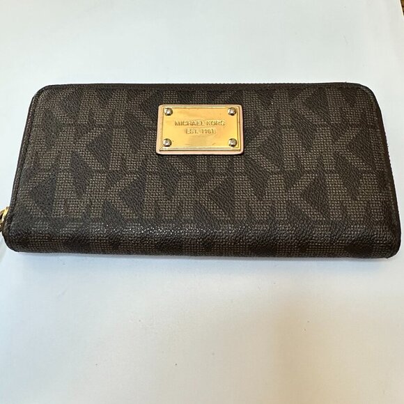 Michael Kors Monogram Zip Around Wallet Womens Black/Brown Leather - Like New - Picture 1 of 15